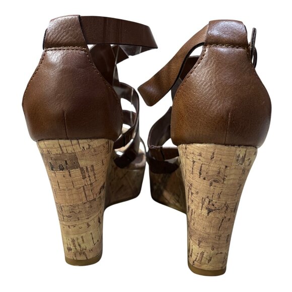 Chaps Cork Wedge Sandals Cage Brown 7B Heels Open Toe Shoe - Picture 6 of 12